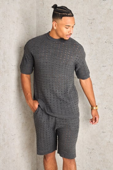 Ensemble 2 pièces t-shirt + short en laine ajouré anthracite