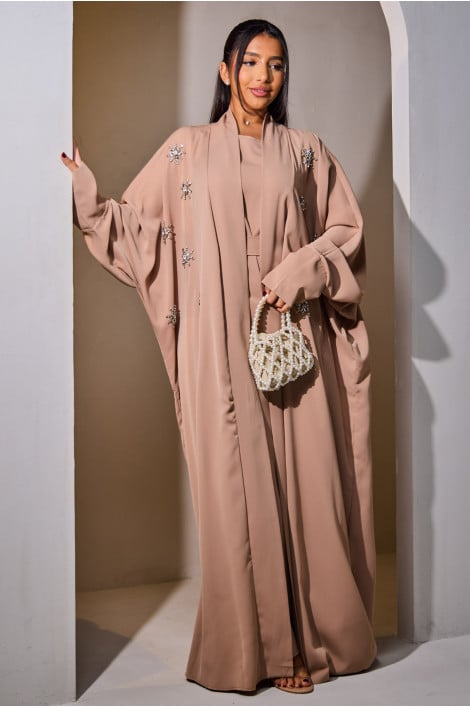 Ensemble 2 pièces abaya + gilet ceinturé camel