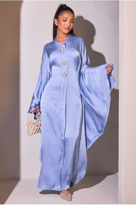 Abaya bleue ample à strass en forme de fleurs