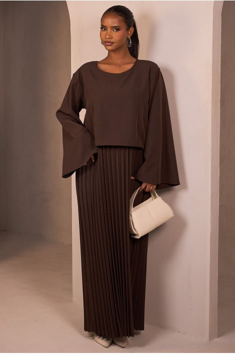 Robe marron plissée effet deux pièces