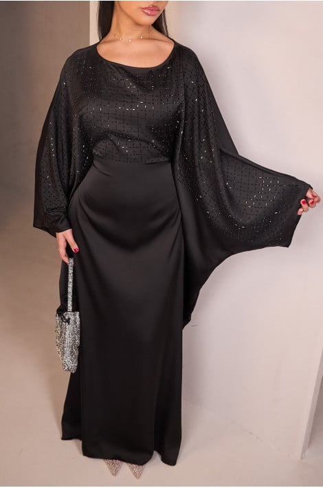 Abaya satin burgundy with multicolored square rhinestones + veil