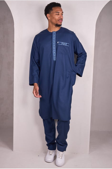 Ensemble 2 pièces qamis + pantalon bleu foncé à motif sur le col