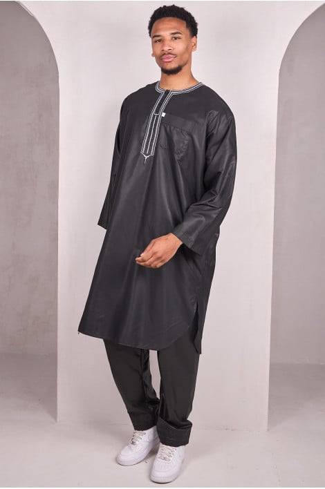 2-piece set qamis + black pants with Aztec pattern