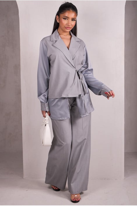 2-piece set kimono + beige bi-material pants