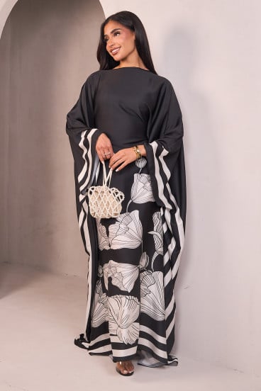 Abaya noir satinée avec motif fleuri