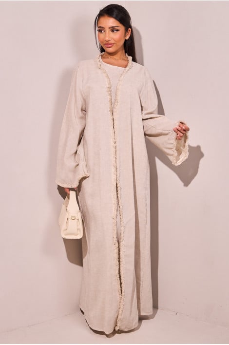 Ensembles 2 pièces kimono + abaya beige chinée à frange