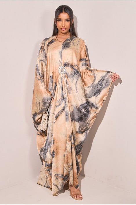 Abaya beige/grise satinée avec motif marbré et strass
