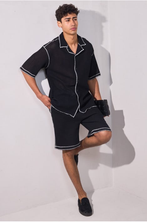 Ensemble 2 pièces noir à coutures bicolores chemise + short
