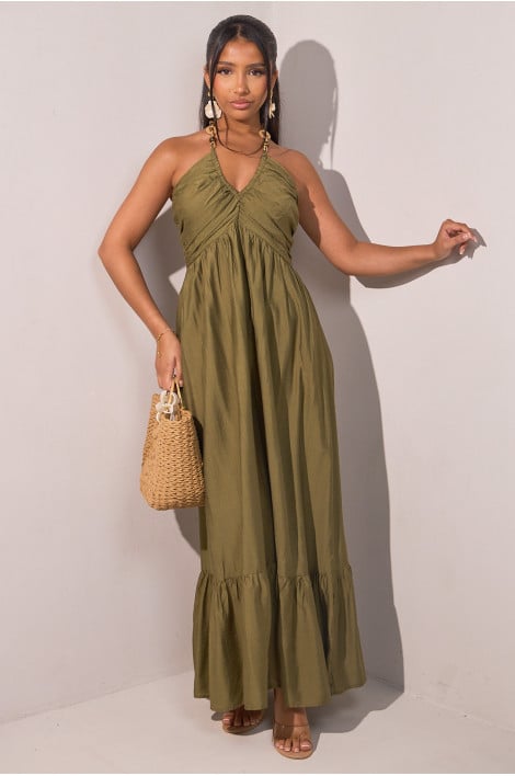 Robe longue kaki évasée à bretelles ornées de bijoux