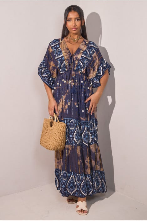 Robe longue cintrée bleu foncé à motif paisley