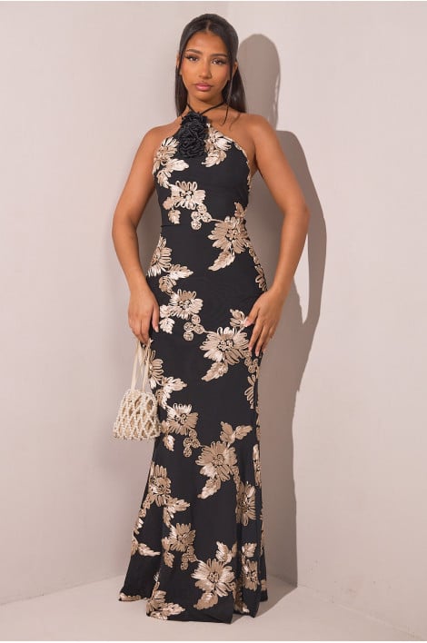 Robe longue brodée noire à col montant + empiècement fleurs