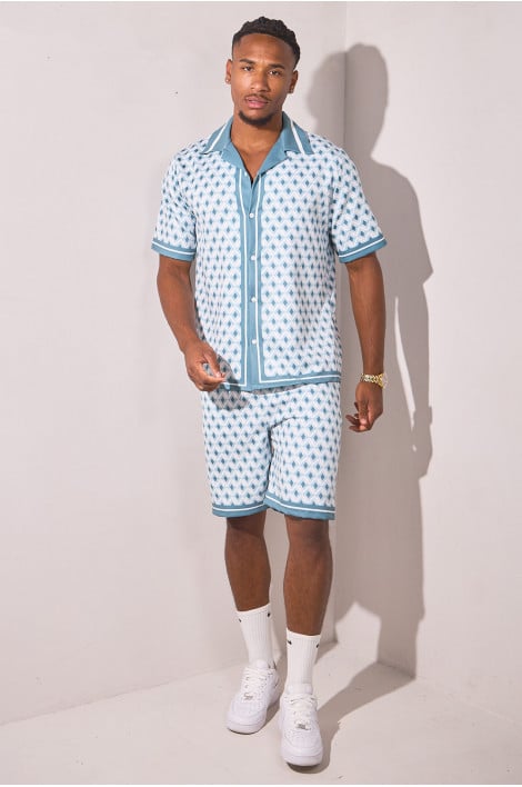 Ensemble 2 pièces à motif géométrique chemise + short vert d'eau