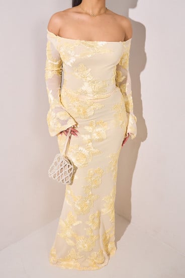 Ensemble 2 pièces jaune brodé en tulle top + jupe longue