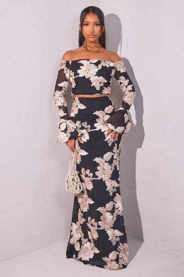 Ensemble 2 pièces noir brodé en tulle top + jupe longue