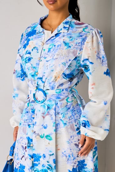 Robe chemise cintrée beige à fleurs bleues