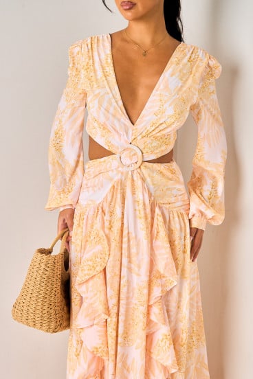 Robe jaune à dos nu et volants imprimée nature