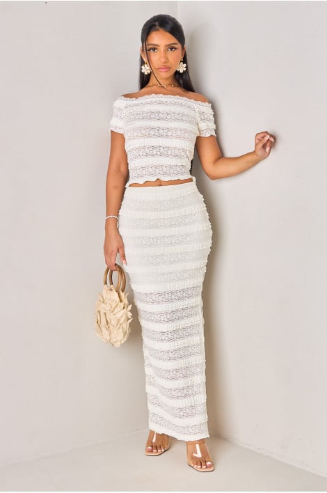Ensembles 2 pièces en dentelle ajourée écru top + jupe