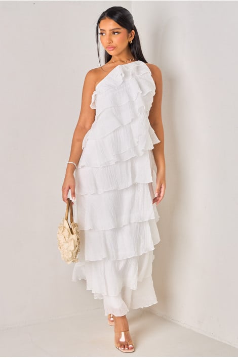 Robe longue blanc à dos nu et volants