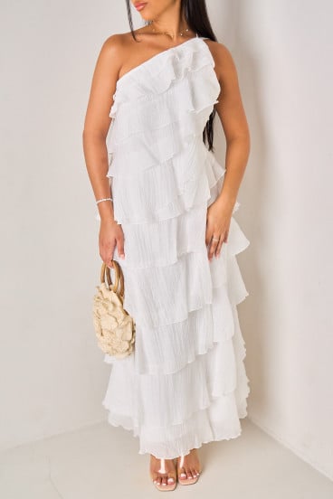 Robe longue blanc à dos nu et volants