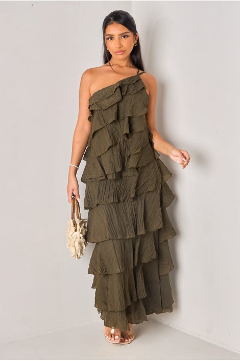 Robe longue kaki à dos nu et volants