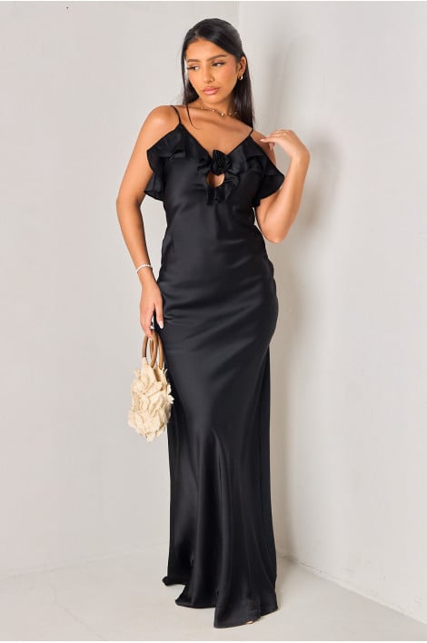 Robe longue satinée noire à empiècement fleur