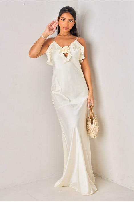 Robe longue satinée crème à empiècement fleur