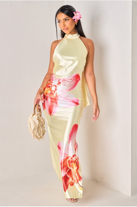 Robe drapée et satinée jaune à imprimé fleurs