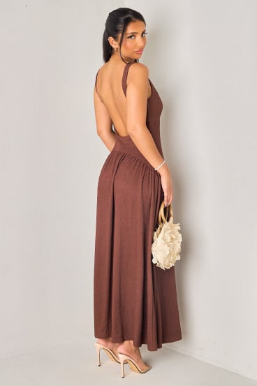 Robe longue marron dos nu en crêpe