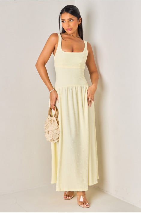 Robe longue jaune dos nu en crêpe