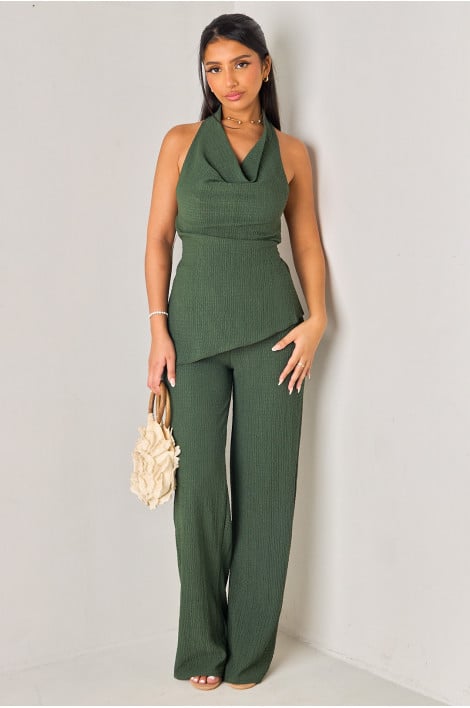 Ensemble 2 pièces en tissu texturé kaki top à col bénitier + pantalon