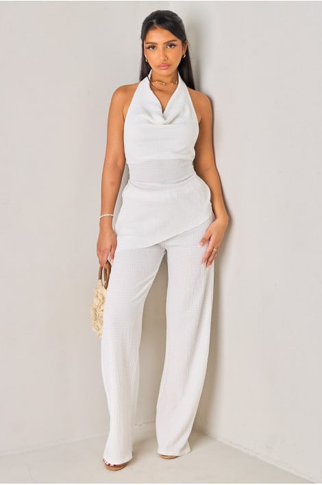 Ensemble 2 pièces en tissu texturé blanc top à col bénitier + pantalon