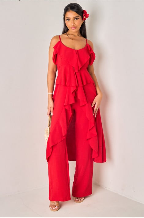 Ensemble 2 pièces rouge top asymétrique long + pantalon