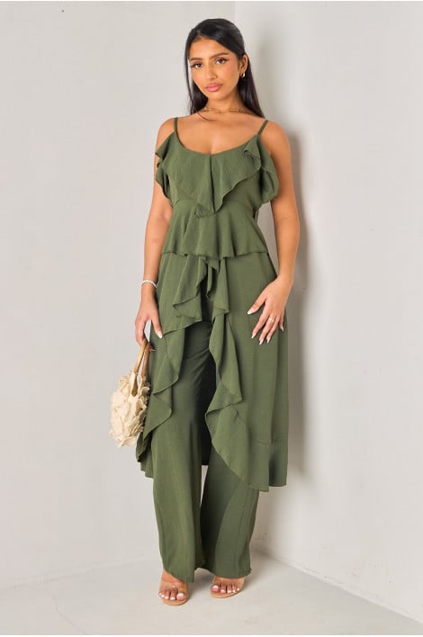 Ensemble 2 pièces kaki top asymétrique long + pantalon
