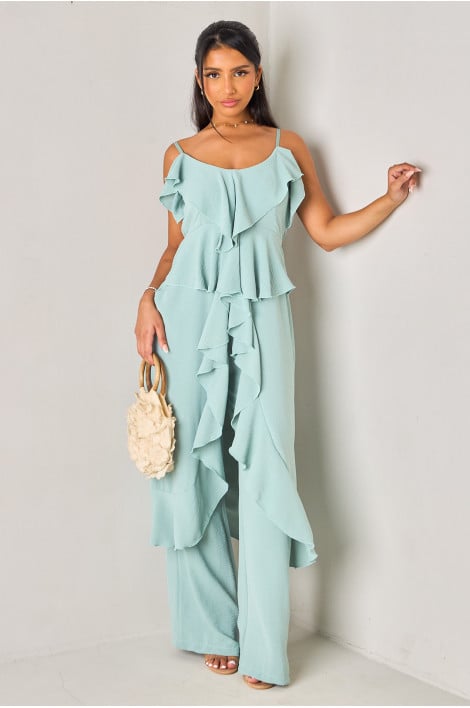 Ensemble 2 pièces vert d'eau top asymétrique long + pantalon