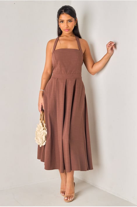 Robe évasée mi-longue marron à dos nu et bretelles