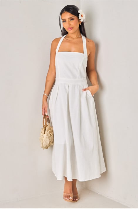 Robe évasée mi-longue blanche à dos nu et bretelles