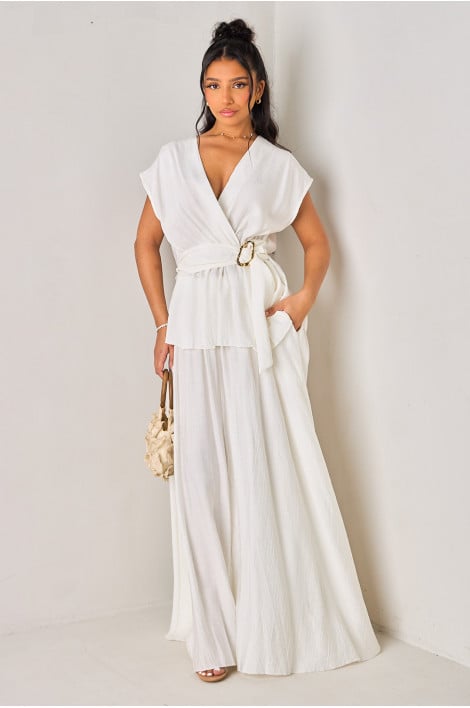 Ensemble 2 pièces blanc texturé top + jupe longue