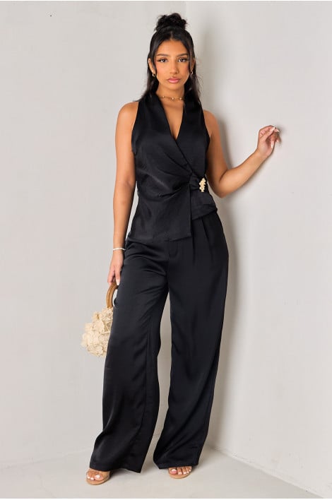 Ensemble 2 pièces satiné noir top + pantalon à pinces