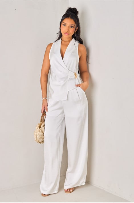 Ensemble 2 pièces satiné blanc top + pantalon à pinces
