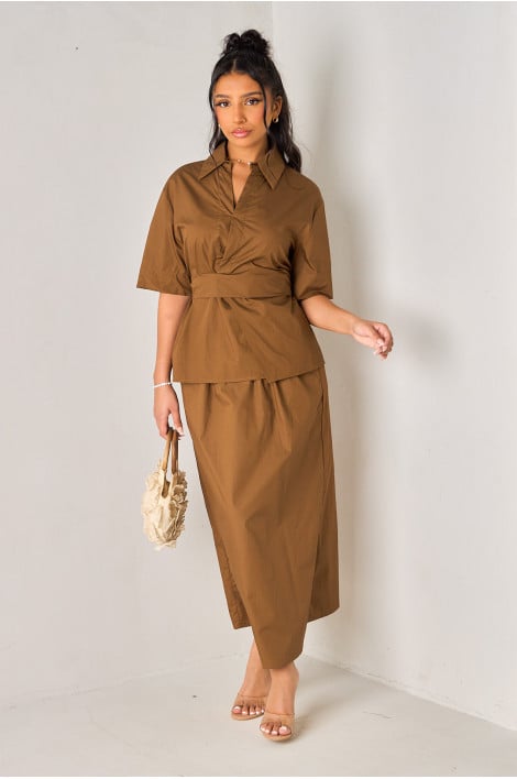 Ensembles 2 pièces marron blouse à nouer + jupe