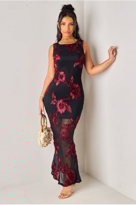 Robe longue à bretelles brodée en tulle noire et bordeaux