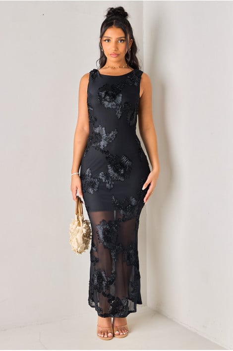 Robe longue à bretelles brodée en tulle noire