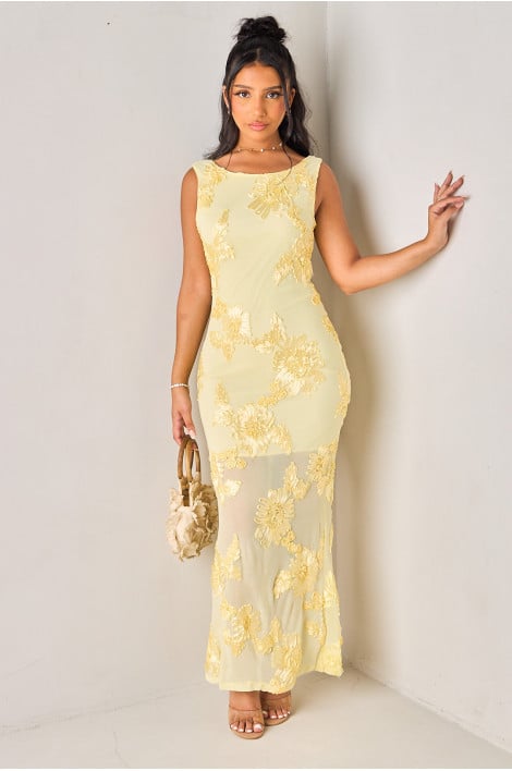 Robe longue à bretelles brodée en tulle jaune
