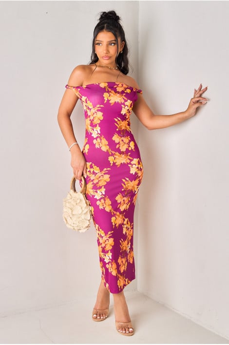 Robe violette longue imprimé fleurs à bretelles torsadées