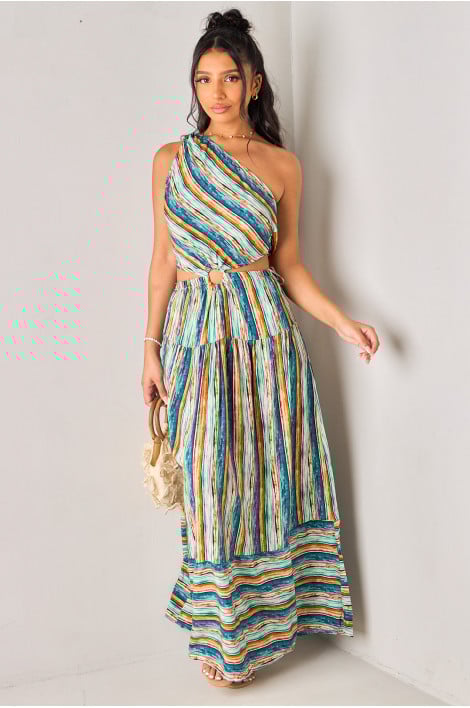 Robe longue asymétrique verte à rayures