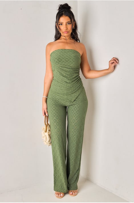 Ensembles 2 pièces kaki ajouré top bustier asymétrique + pantalon
