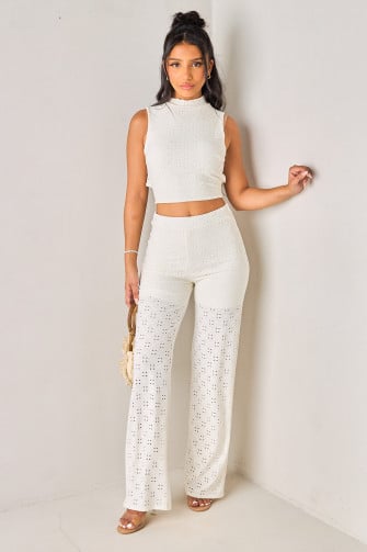 Ensembles 2 pièces blanc ajouré top dos nu + pantalon
