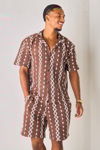 Ensemble 2 pièces marron ajouré à losanges chemise + short