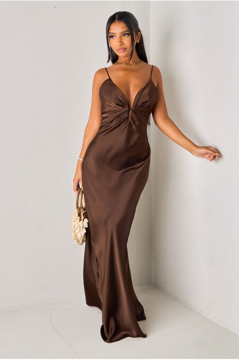 Robe longue satinée beige