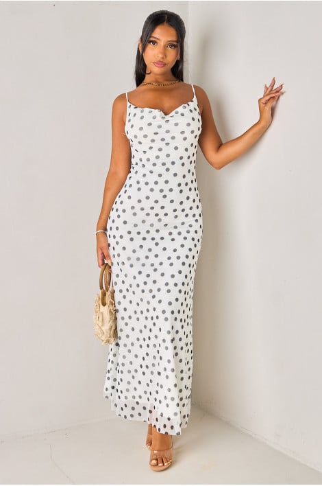 Robe longue en tulle blanche à motif pois noirs